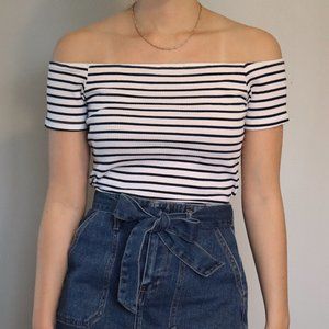 Off the Shoulder Sailor Striped Crop Top | 007